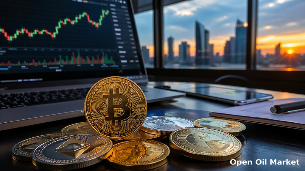 Berita Cryptocurrency 24 April 2026 grafik bitcoin dan aset digital di tengah pusat keuangan