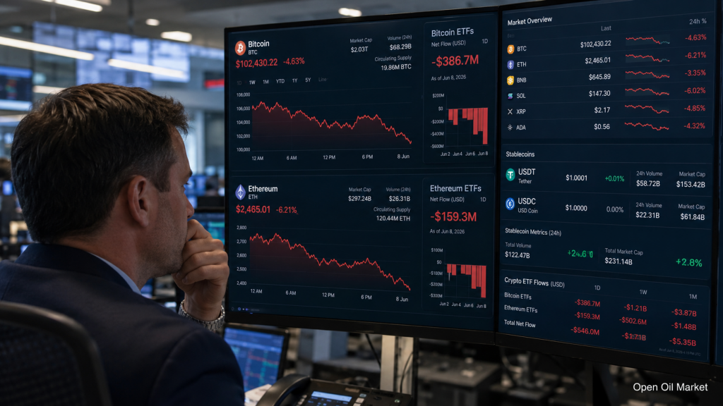 Pasar Kripto 8 Juni 2026: Bitcoin di Bawah Tekanan, Ethereum Menurun, Stablecoin Memperkuat Posisi