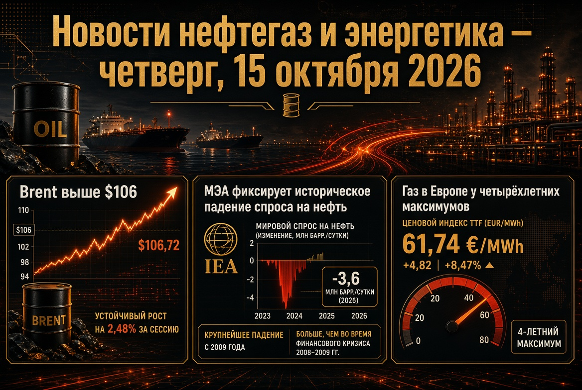 Berita minyak dan gas dan energi — Kamis, 15 Oktober 2026: Brent di atas $106, IEA mencatat penurunan permintaan minyak yang historis, gas di Eropa di puncak tertinggi dalam empat tahun