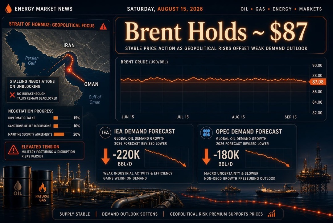 Berita minyak dan gas — Sabtu, 15 Agustus 2026: Brent bertahan di $87 di tengah negosiasi Selat Hormuz yang terhenti; IEA dan OPEC menurunkan proyeksi permintaan.