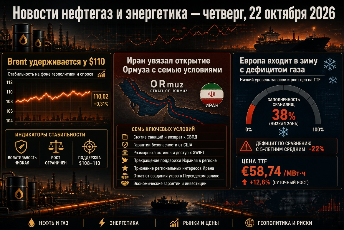 Berita Minyak dan Gas serta Energi — Kamis, 22 Oktober 2026: Brent bertahan di $110, Iran mengaitkan pembukaan Hormuz dengan tujuh syarat, Eropa memasuki musim dingin dengan kekurangan gas