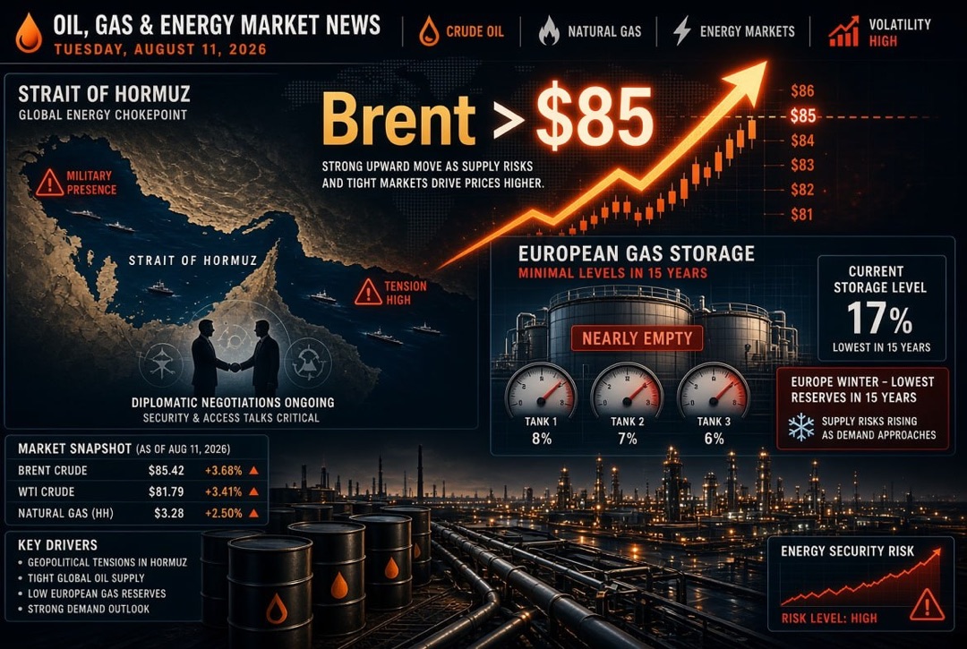 Berita Minyak dan Gas serta Energi — Selasa, 11 Agustus 2026: Brent Menembus $85 di Tengah Negosiasi di Selat Hormuz, Eropa Memasuki Musim Dingin dengan Cadangan Gas Terendah dalam 15 Tahun