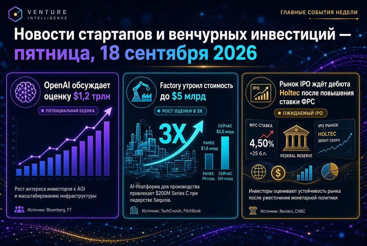 Berita startup dan investasi ventura — Jumat, 18 September 2026: OpenAI mendiskusikan penilaian $1,2 triliun, Factory melipatgandakan nilai menjadi $5 miliar, pasar IPO menunggu debut Holtec setelah kenaikan suku bunga Fed.
