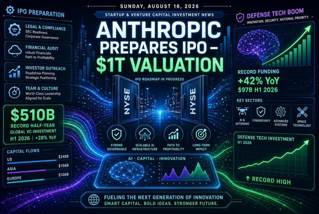Berita Startup dan Investasi Ventura — Minggu, 16 Agustus 2026: Anthropic Siapkan IPO Senilai $1 Triliun, Rekor $510 Miliar Selama Setengah Tahun dan Ledakan Teknologi Pertahanan