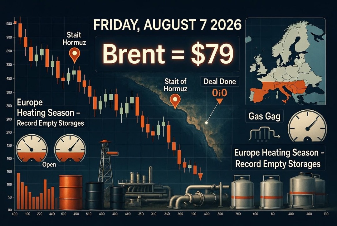 Berita minyak dan gas serta energi — Jumat, 07 Agustus 2026: kesepakatan Selat Hormuz menjatuhkan minyak, Brent di $79, Eropa memasuki musim pemanasan dengan penyimpanan yang kosong.