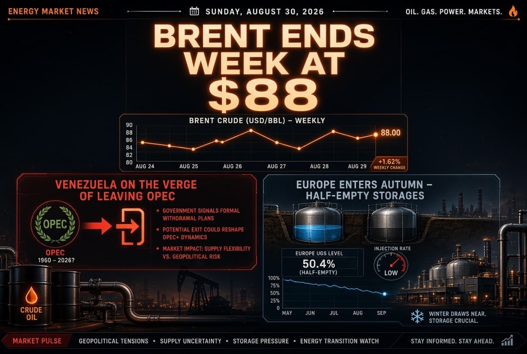 Berita Minyak dan Gas serta Energi — Minggu, 30 Agustus 2026: Venezuela di ambang keluar dari OPEC, Brent mengakhiri minggu di $88, Eropa memasuki musim gugur dengan PGS setengah kosong.