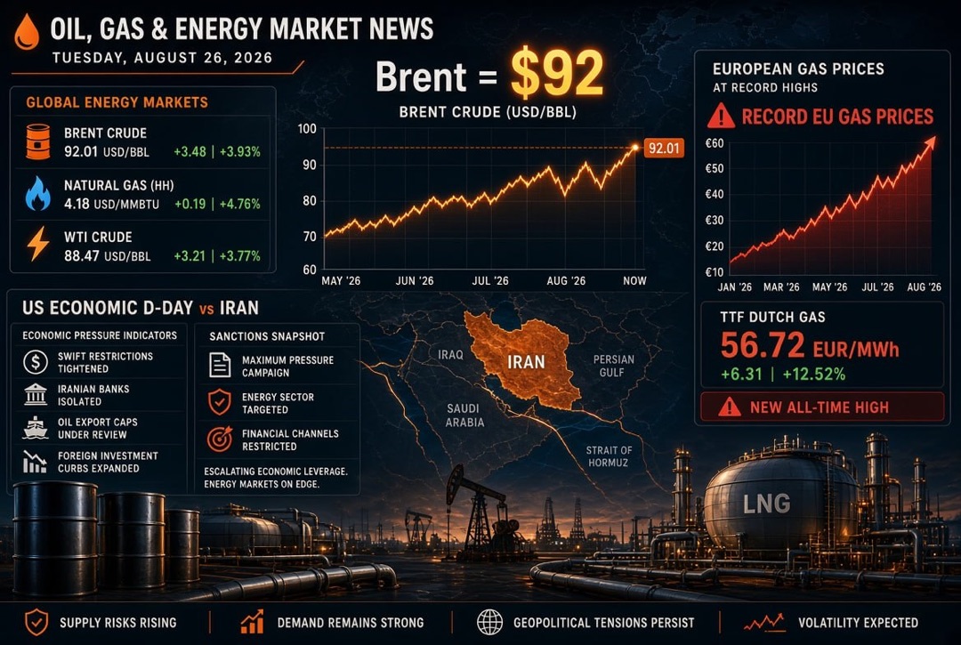 Berita Minyak dan Gas serta Energi — Selasa, 26 Agustus 2026: "D-Day Ekonomi" AS Melawan Iran, Brent di $92 dan Rekor Harga Gas di Eropa