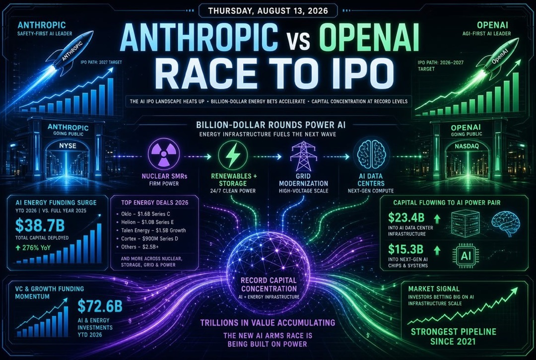 Berita Startup dan Investasi Ventura — Kamis, 13 Agustus 2026: Balapan Anthropic dan OpenAI ke Bursa, Ronde Miliaran di Energi untuk AI dan Rekor Konsentrasi Modal
