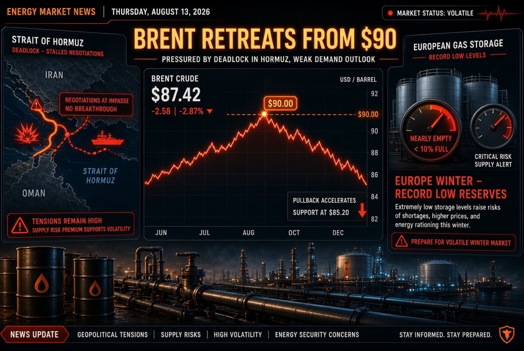 Berita minyak dan gas serta energi - Kamis, 13 Agustus 2026: Brent mundur dari $90 di tengah kebuntuan sekitar Selat Hormuz; Eropa memasuki musim dingin dengan cadangan gas terendah.