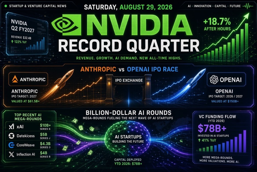 Berita Startup dan Investasi - Sabtu, 29 Agustus 2026: Kuartal Rekor Nvidia, Perlombaan IPO Anthropic dan OpenAI, serta Putaran AI Miliaran Dolar