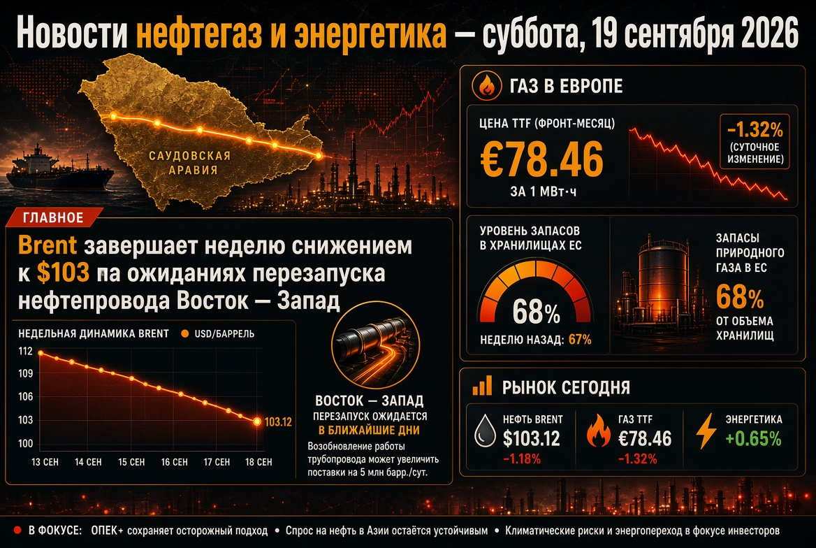 Berita minyak dan gas serta energi - Sabtu, 19 September 2026: Brent mengakhiri minggu ini dengan penurunan ke $103 di tengah harapan pemulihan pipa Timur-Barat, gas di Eropa sekitar €78 dengan cadangan 68%.