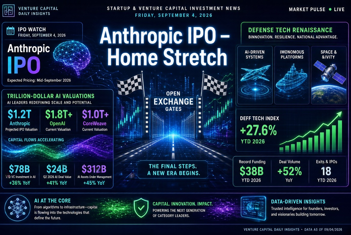 Berita Startup dan Investasi Ventura — Jumat, 4 September 2026: Garis Finish IPO Anthropic, Penilaian Triliunan untuk AI dan Kebangkitan Teknologi Pertahanan