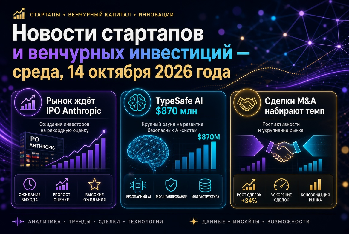 Berita startup dan investasi ventura — Rabu, 14 Oktober 2026: Pasar menunggu IPO Anthropic, TypeSafe AI menarik $870 juta, transaksi M&A semakin meningkat