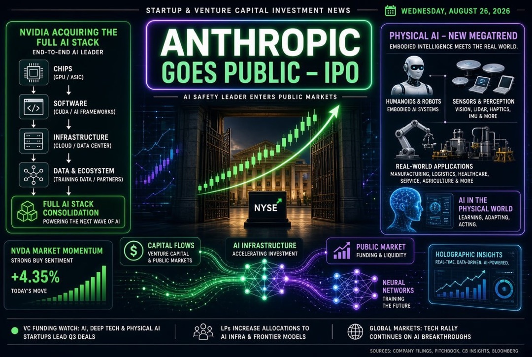Berita Startup dan Investasi Ventura — Rabu, 26 Agustus 2026: Anthropic Melakukan IPO, Nvidia Mengakuisisi Seluruh Tumpukan AI, dan AI Fisik Menjadi Megatrend Baru