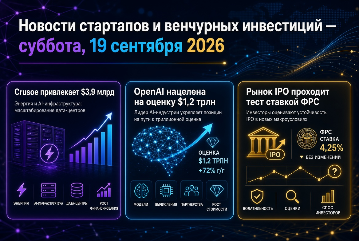 Berita startup dan investasi ventura — Sabtu, 19 September 2026: Crusoe mengumpulkan $3,9 miliar, OpenAI menargetkan valuasi $1,2 triliun, pasar IPO menghadapi ujian suku bunga FRS