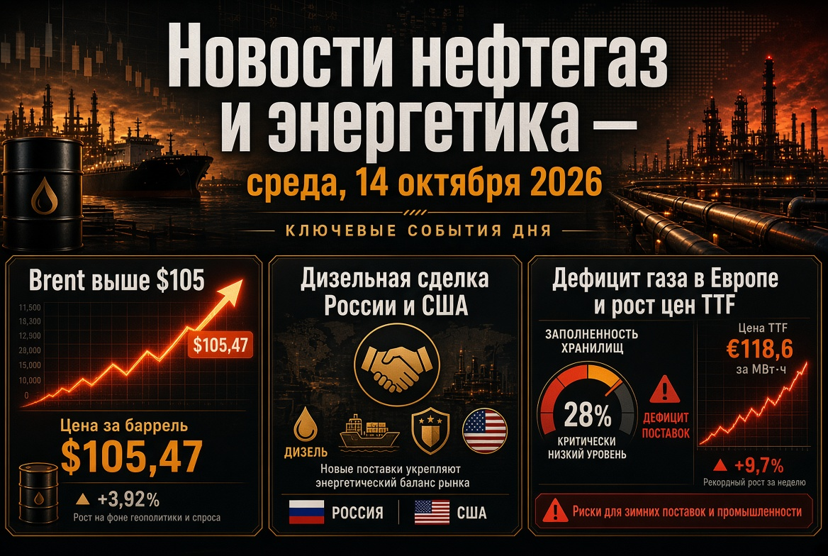 Berita Minyak dan Gas dan Energi — Rabu, 14 Oktober 2026: Brent di Atas $105, Kesepakatan Diesel Rusia dan AS, Kekurangan Gas di Eropa