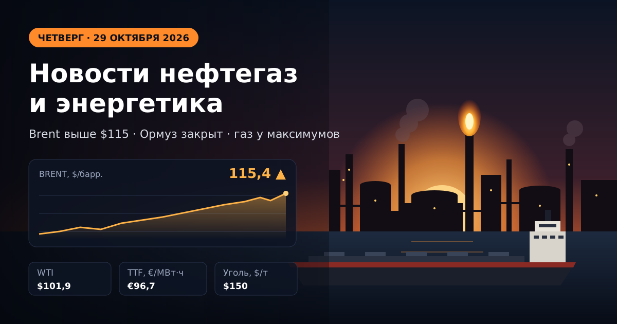 Berita minyak dan gas serta energi — Kamis, 29 Oktober 2026: Brent di atas $115 setelah serangan Houthi terhadap Ras Tanura, harga gas di Eropa pada puncak tertinggi sejak 2022