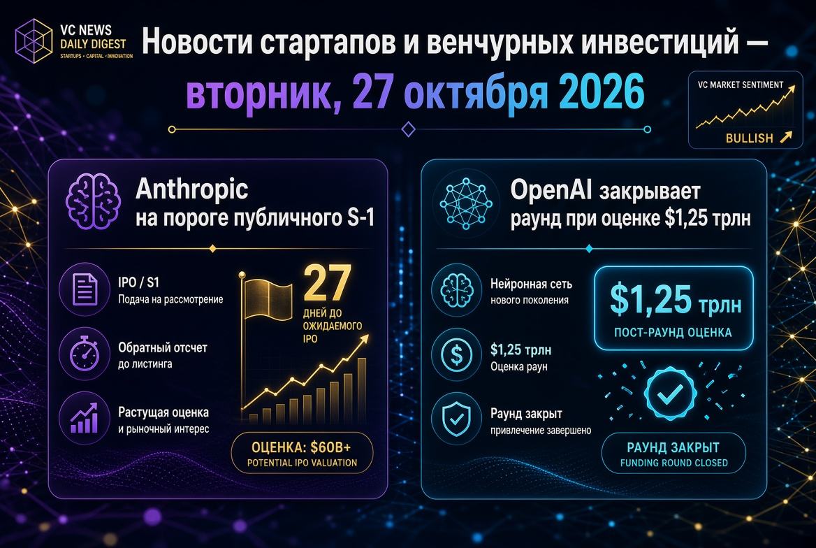 Berita Startup dan Investasi Ventura - Selasa, 27 Oktober 2026: Anthropic di ambang S-1 publik, OpenAI menutup putaran dengan valuasi $1,25 triliun.