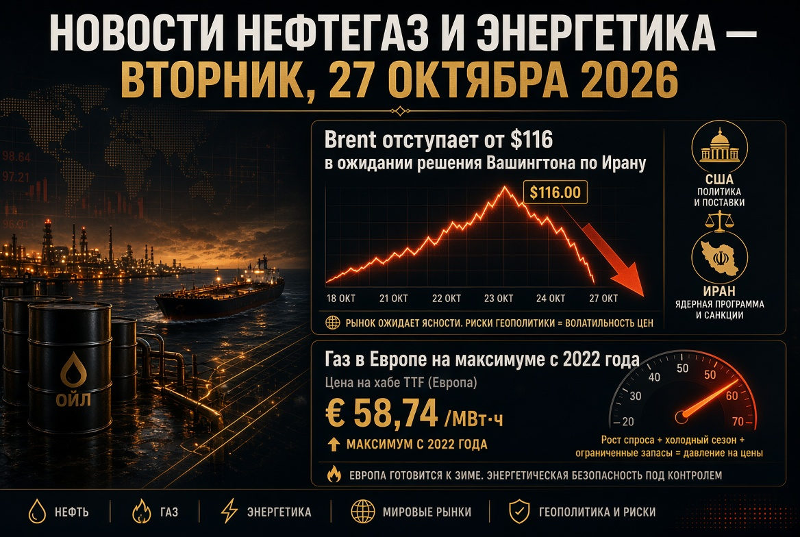 Berita Minyak dan Energi — Selasa, 27 Oktober 2026: Brent Mundur dari $116 Menjelang Keputusan Washington tentang Iran, Gas di Eropa Mencapai Puncaknya Sejak 2022