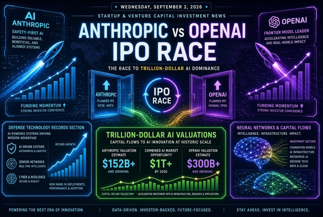 Berita startup dan investasi ventura — Rabu, 2 September 2026: perlombaan IPO Anthropic dan OpenAI, valuasi AI triliunan, dan rekor teknologi pertahanan