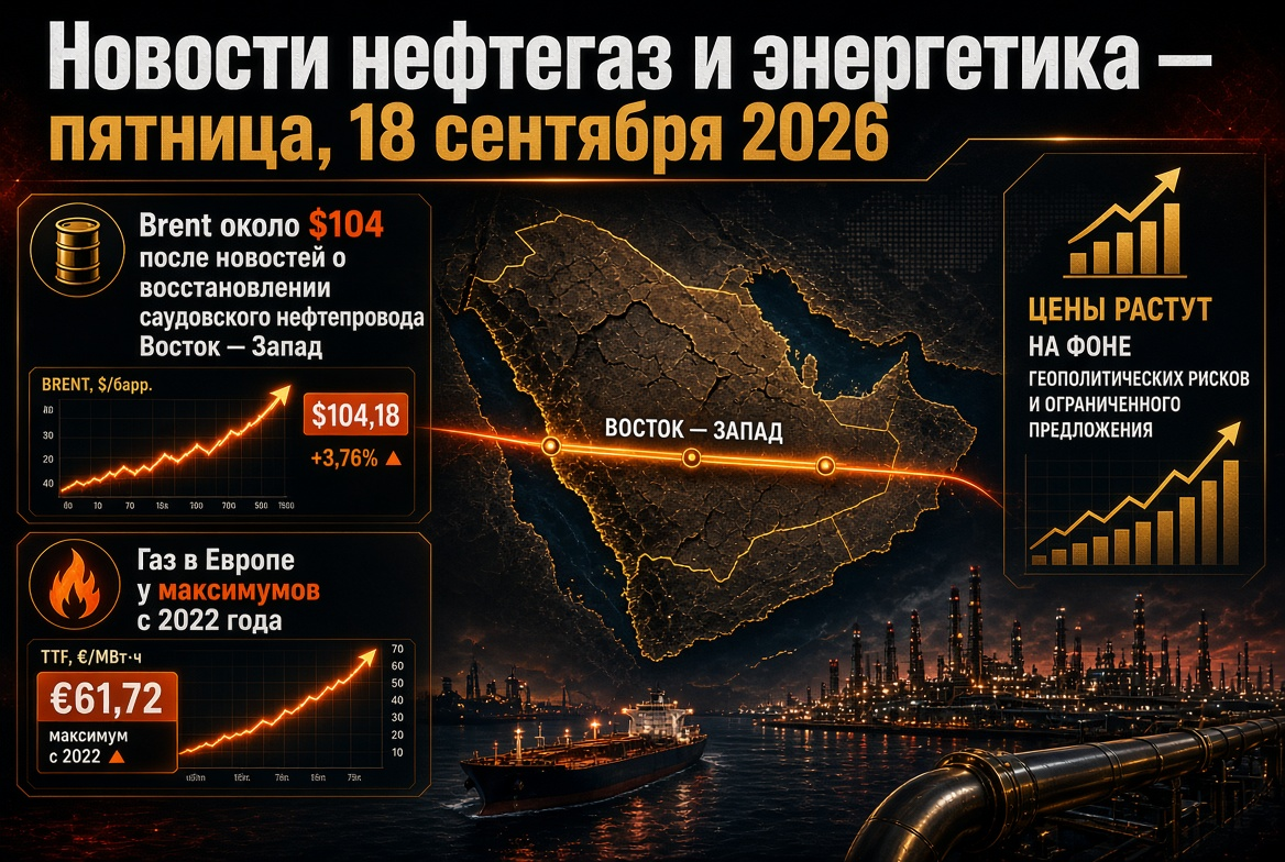 Berita Minyak dan Gas serta Energi - Jumat, 18 September 2026: Brent sekitar $104 setelah berita pemulihan pipa minyak Arab Saudi Timur - Barat, gas di Eropa pada puncaknya sejak 2022.