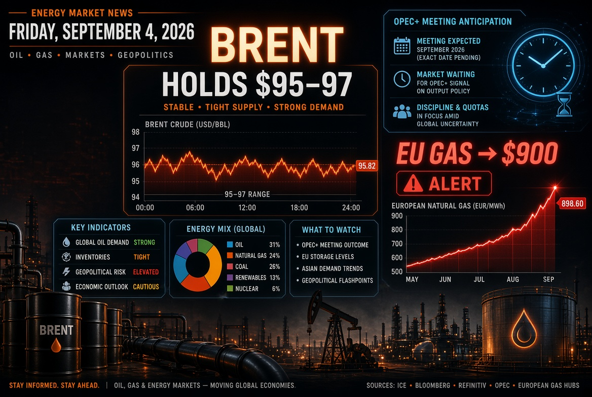 Berita Minyak dan Gas serta Energi — Jumat, 4 September 2026: Brent bertahan di $95-97 menunggu pertemuan OPEC+, gas di Eropa menyerbu $900