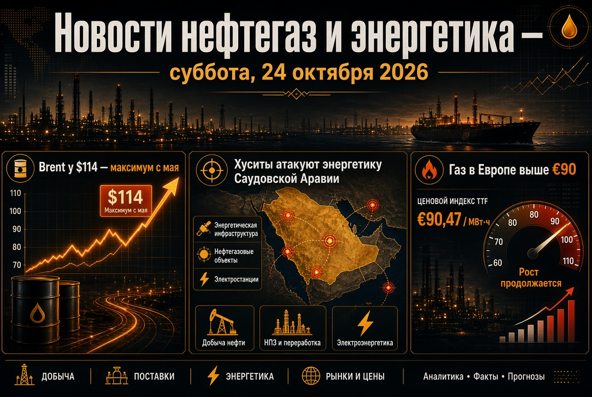 Berita Minyak dan Gas serta Energi — Sabtu, 24 Oktober 2026: Brent di $114 — maksimum sejak Mei, Houthi menyerang industri energi Arab Saudi, gas di Eropa di atas €90