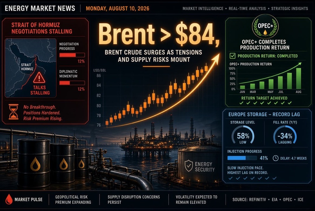 Berita minyak dan gas serta energi — Senin, 10 Agustus 2026: negosiasi mengenai Selat Hormuz menemui jalan buntu, Brent di atas $84, OPEC+ menyelesaikan pengembalian produksi, Eropa mengisi penyimpanan dengan keterlambatan rekor.