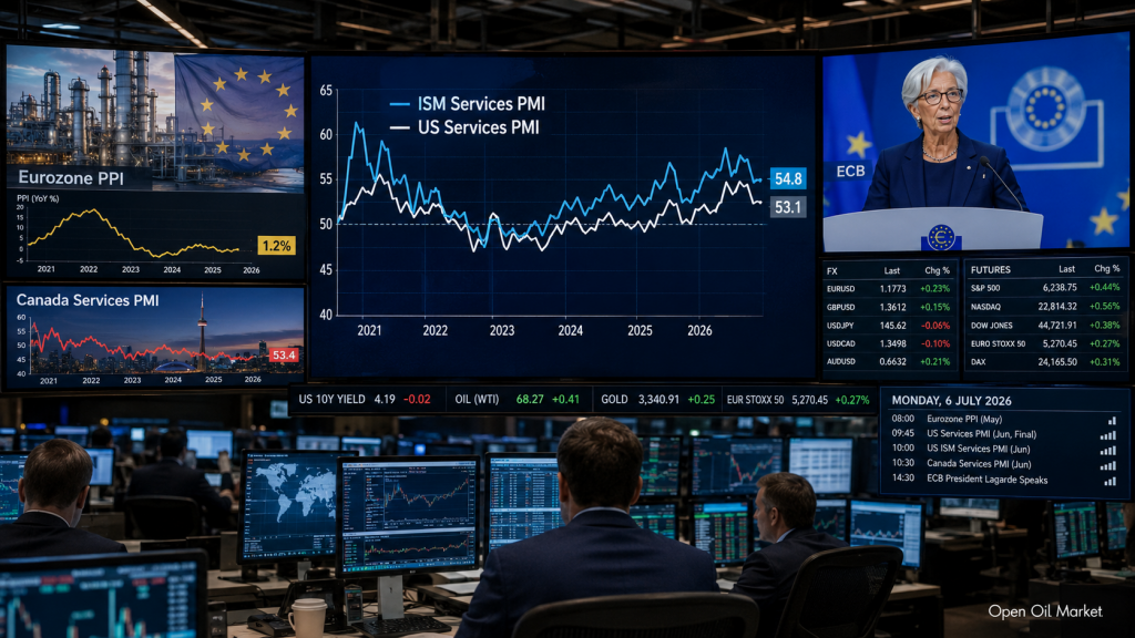 Kalender Ekonomi pada 6 Juli 2026: ISM Services PMI AS, PPI zona euro, PMI Kanada, pidato Kepala ECB Christine Lagarde dan reaksi investor.