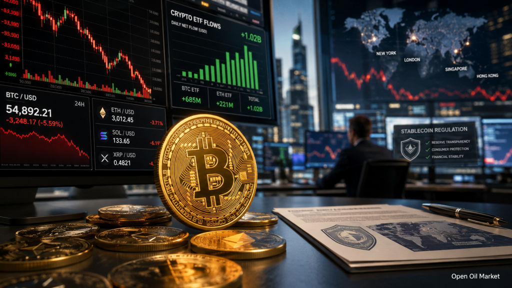 Pasar Cryptocurrency 9 Juli 2026: Bitcoin di Bawah Tekanan, Arus ke ETF, Ethereum, Solana, XRP, dan Regulasi Stablecoin