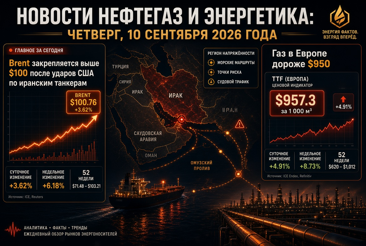 Berita Minyak dan Gas serta Energi: Kamis, 10 September 2026 - Brent Bertahan di Atas $100 Setelah Serangan AS Terhadap Tanker Iran, Gas di Eropa Lebih Mahal dari $950