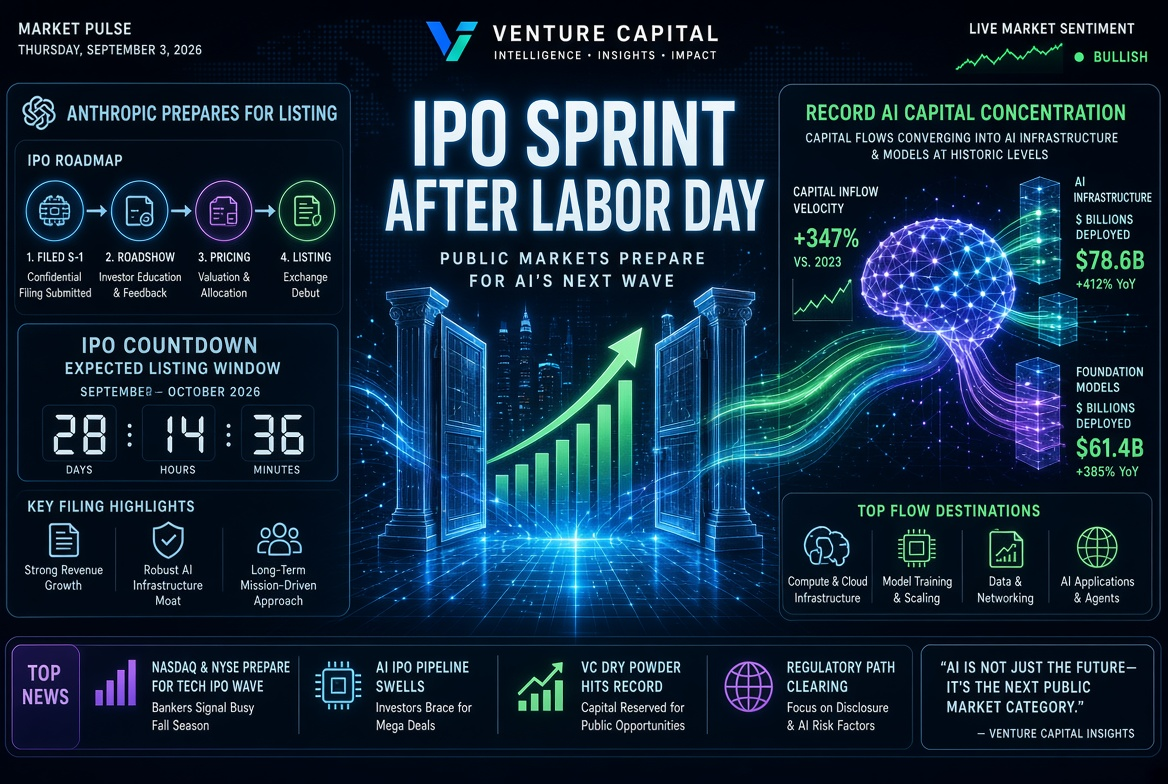 Berita Startup dan Investasi Ventura — Kamis, 3 September 2026: IPO-sprint setelah Hari Buruh, persiapan Anthropic untuk listing dan konsentrasi modal AI yang rekor