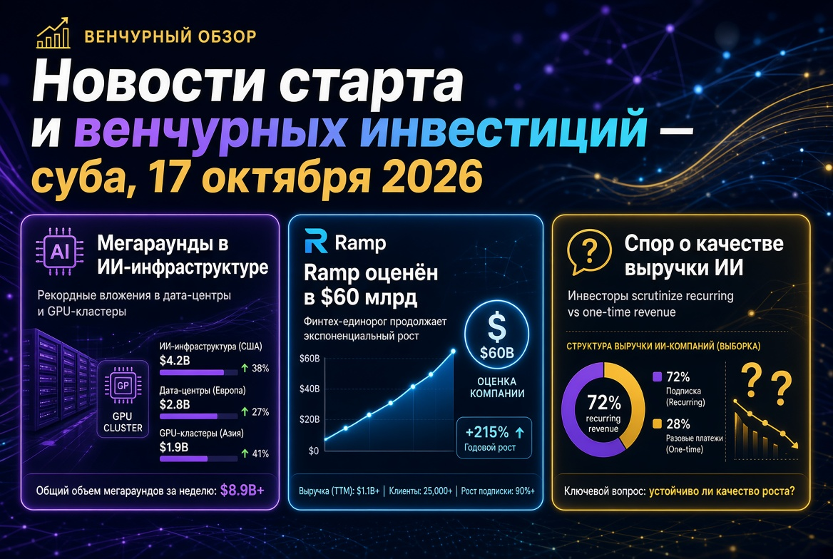 Berita tentang Startup dan Investasi Ventura — Sabtu, 17 Oktober 2026: Mega Round di Infrastruktur AI, Ramp Dinilai $60 Miliar dan Kontroversi tentang Kualitas Pendapatan AI