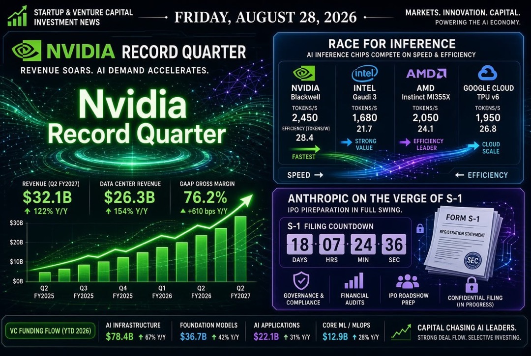 Berita Startup dan Investasi Ventura — Jumat, 28 Agustus 2026: Kuartal Rekor Nvidia, Perlombaan untuk Inferensi dan Anthropic di Ambang S-1 Publik.