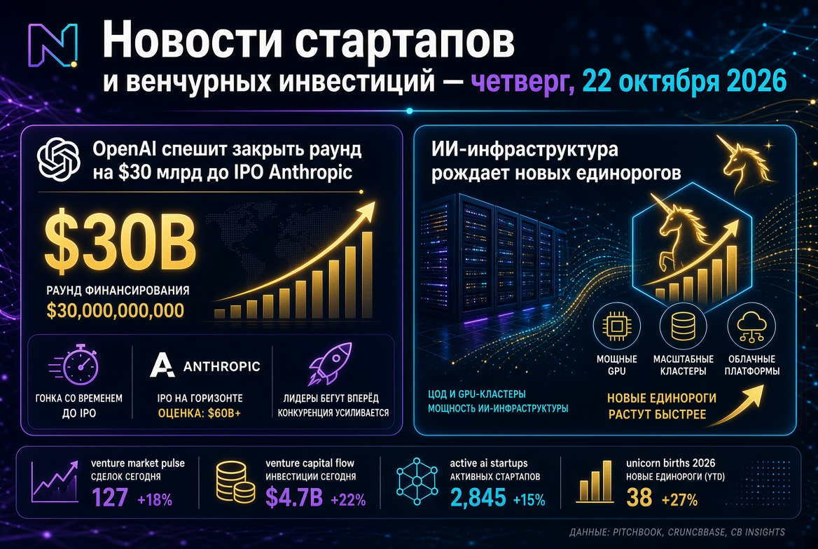 Berita startup dan investasi ventura — Kamis, 22 Oktober 2026: OpenAI bergegas menutup putaran $30 miliar sebelum IPO Anthropic, sementara infrastruktur AI melahirkan unicorn baru.