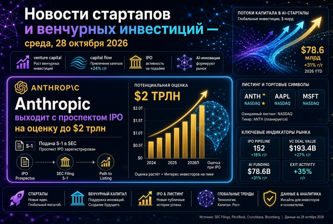 Berita Startup dan Investasi Ventura — Rabu, 28 Oktober 2026: Anthropic muncul dengan prospektus IPO dengan valuasi hingga $2 triliun.