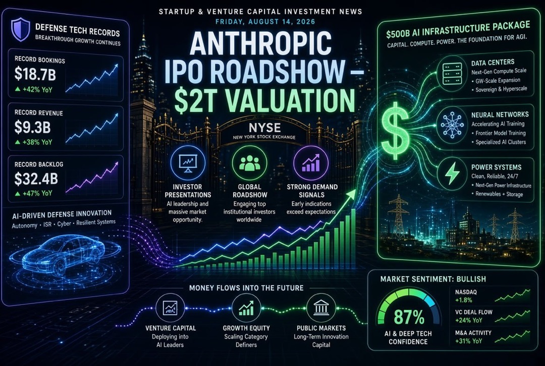 Berita Startup dan Investasi Ventura — Jumat, 14 Agustus 2026: Roadshow IPO Anthropic senilai $2 triliun, paket $500 miliar untuk infrastruktur AI dan rekor teknologi pertahanan.