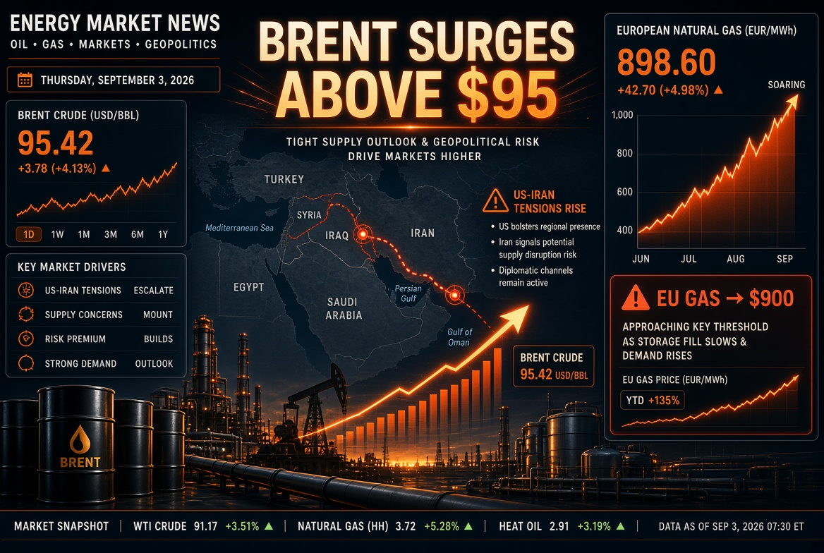 Berita Minyak dan Gas — Kamis, 3 September 2026: Eskalasi AS dan Iran Mendorong Brent di Atas $95, Gas di Eropa Naik menuju $900